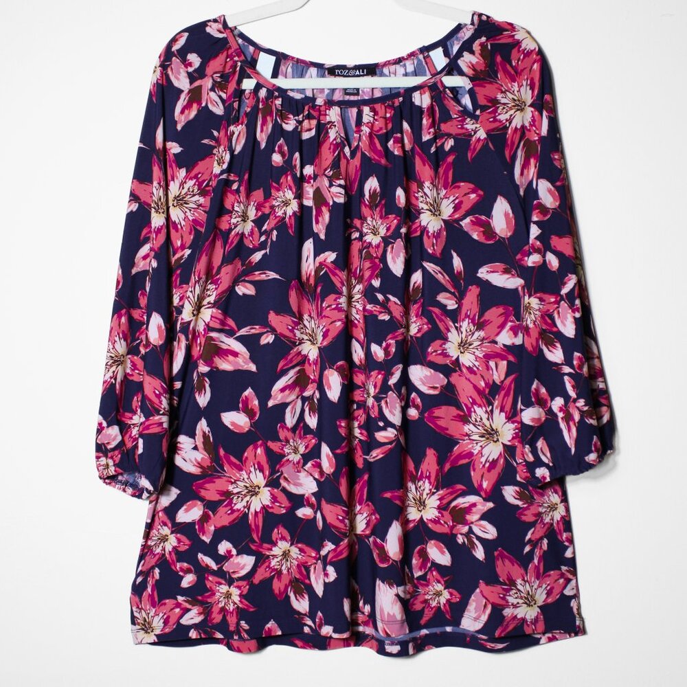 Roz & Ali Popover Top Dark Floral Print Tropical Resort Bloomcore Spring XL
